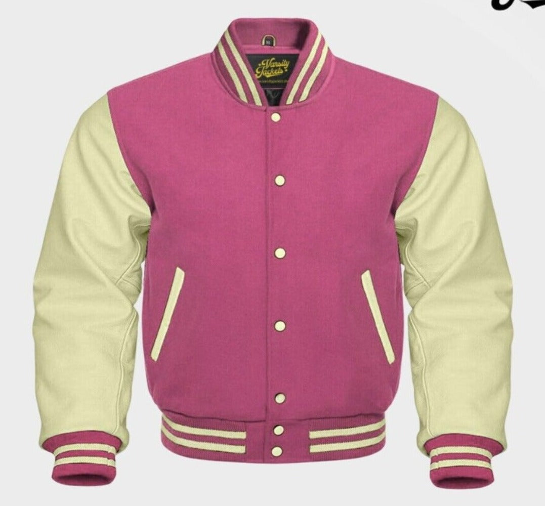 Men Pink Wool & Cream Real Leather Varsity Jacket
