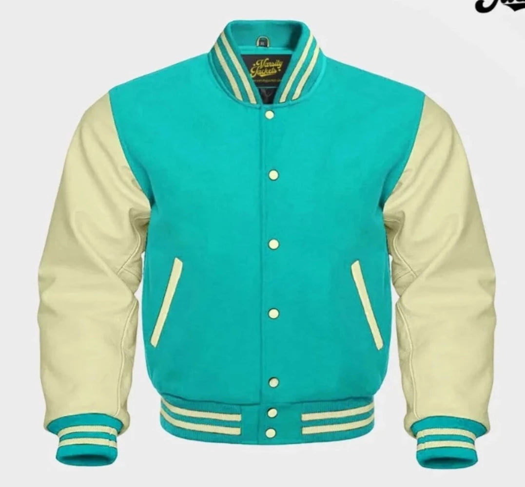 Men Turquoise Wool & Cream Real Leather Varsity Jacket