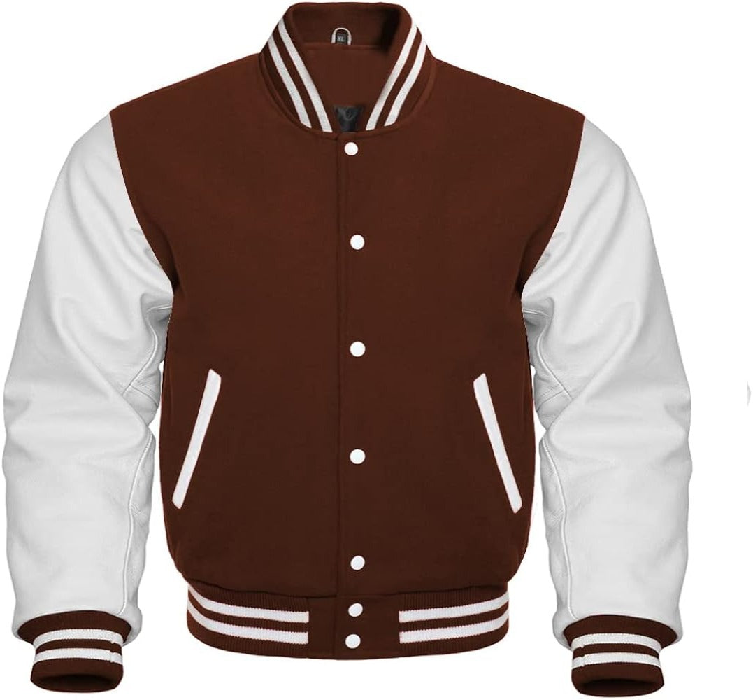 Men’s Brown Wool & White Real Leather Collar Varsity Jacket