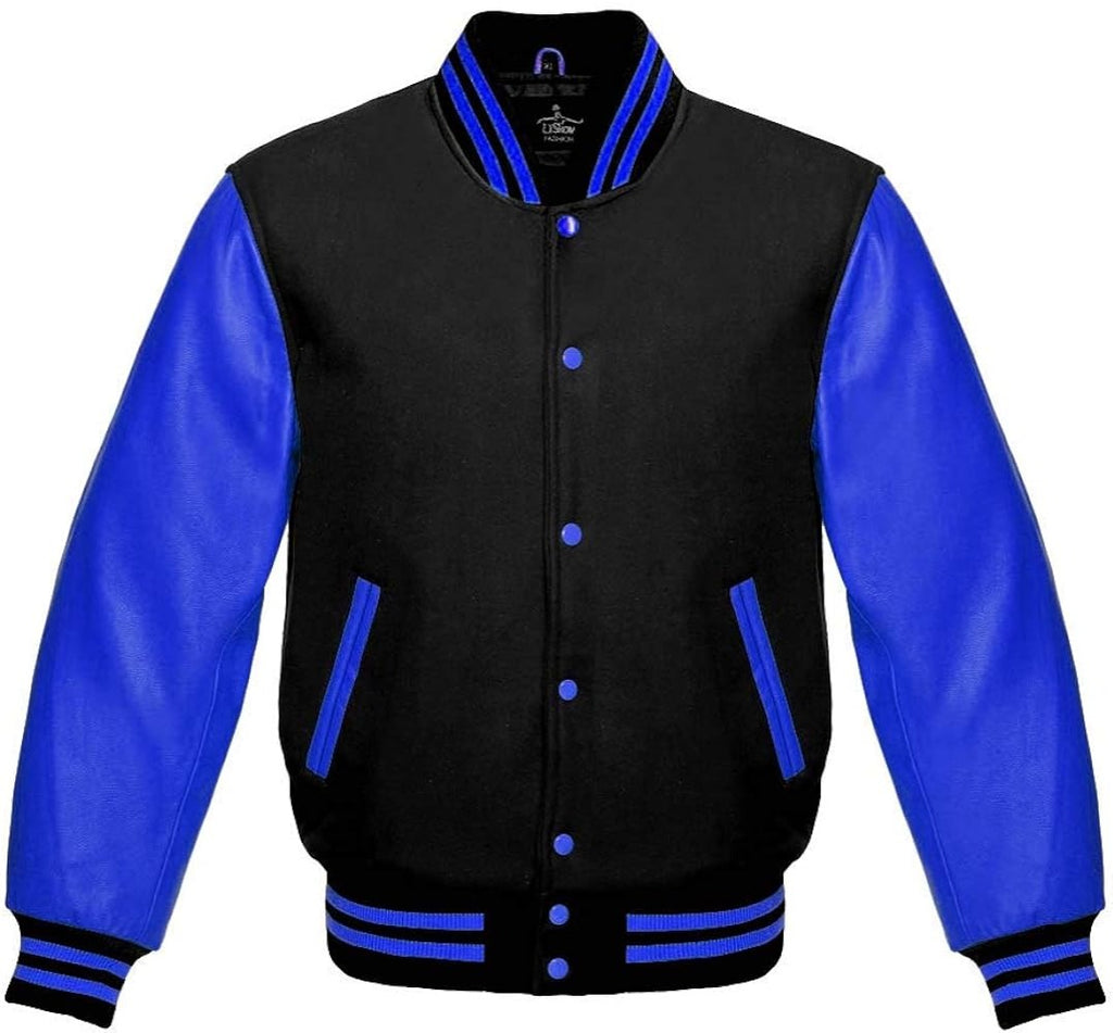 Men’s Black Wool & Royal Blue Real Leather Collar Varsity Jacket