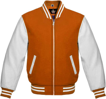 Men Orange Wool & Cream Real Leather Varsity Jacket