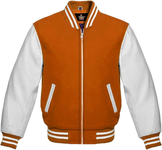 Men Orange Wool & Cream Real Leather Varsity Jacket