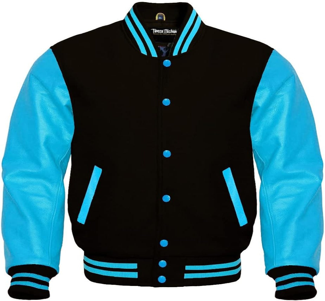 Men’s Black Wool & Sky Blue Real Leather Collar Varsity Jacket