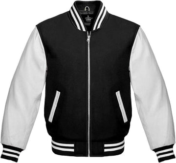 Men’s Black Wool & White Real Leather Collared Varsity Jacket