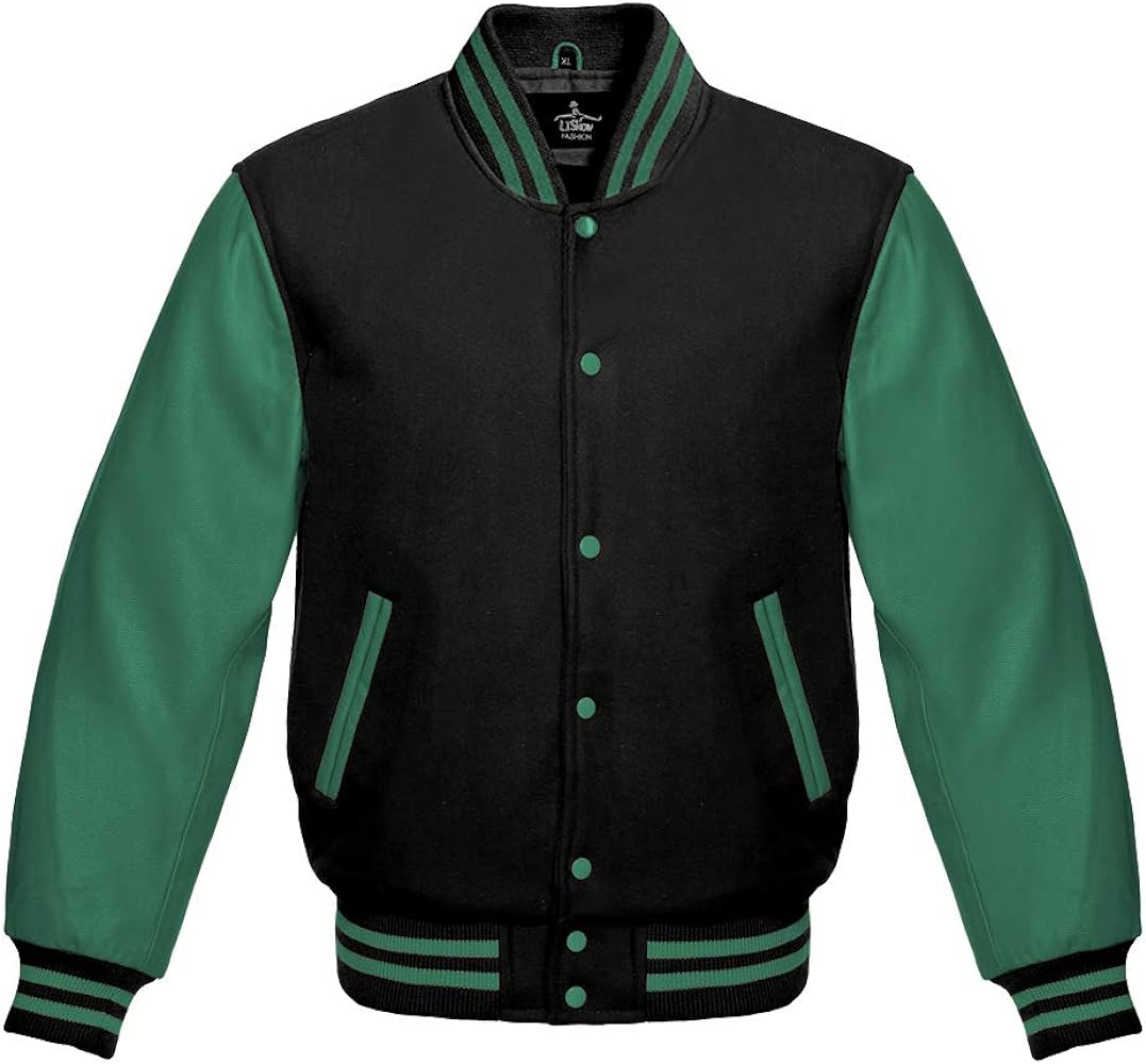 Men’s Black Wool & Green Real Leather Collar Varsity Jacket