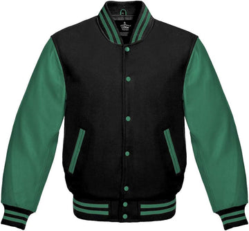 Men’s Black Wool & Green Real Leather Collar Varsity Jacket