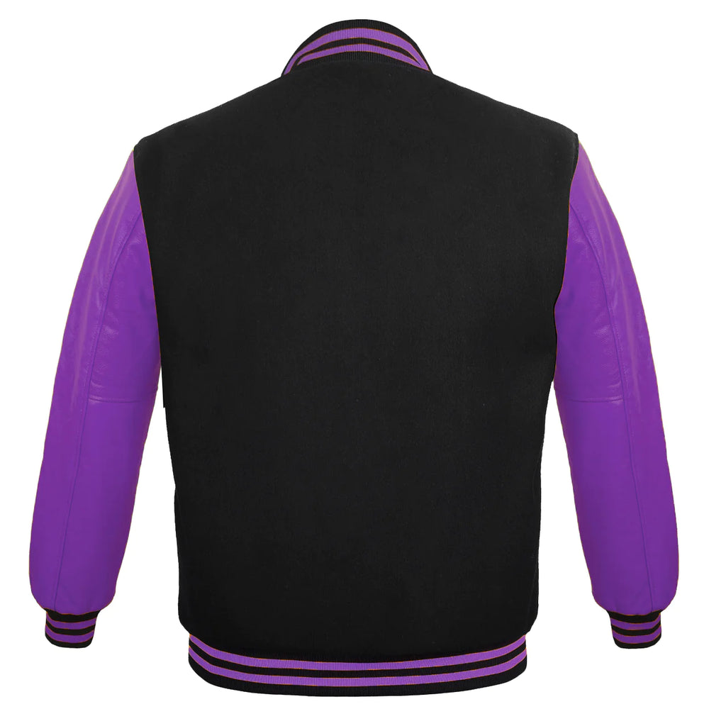 Men Black Wool & Purple Real Leather Varsity Jacket