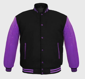 Men’s Black Wool & Purple Real Leather Collar Varsity Jacket