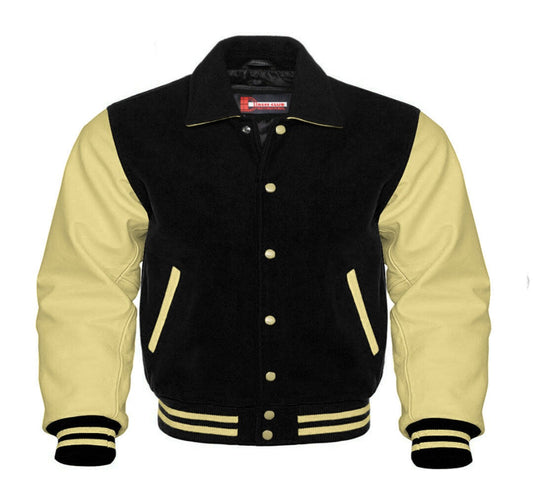 Men’s Black Wool & Cream Real Leather Collar Varsity Jacket