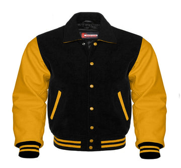 Men’s Black Wool & Yellow Real Leather Collar Varsity Jacket