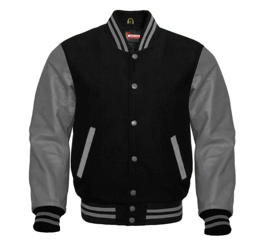 Men Black Wool & Gray Real Leather Varsity Jacket