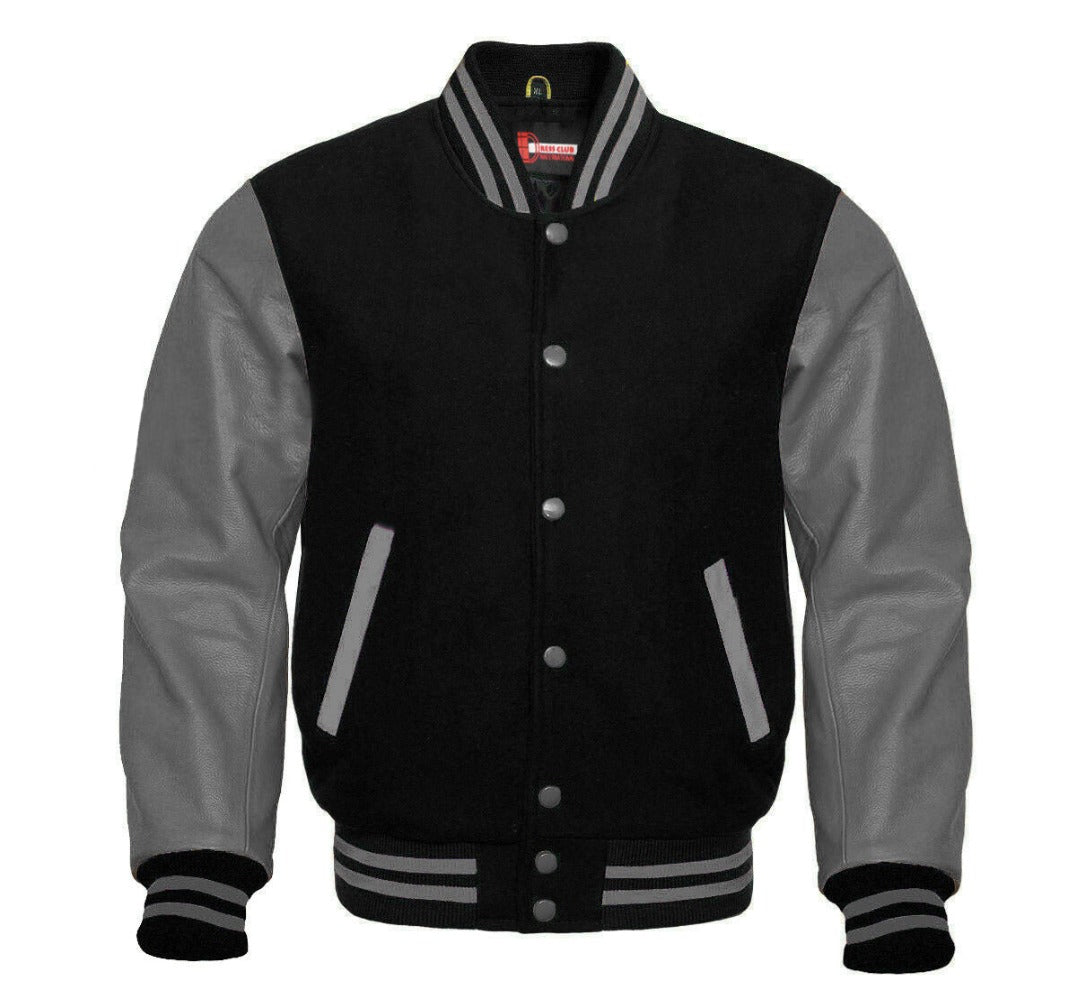 Men Black Wool & Gray Real Leather Varsity Jacket