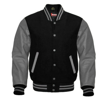 Men’s Black Wool & Grey Real Leather Collar Varsity Jacket