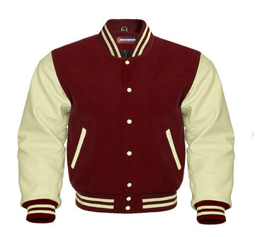 Men Maroon Wool & Cream Real Leather Varsity Jacket