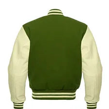 Men Green Wool & Cream Real Leather Varsity Jacket