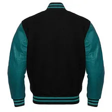 Men Black Wool & Teal Real Leather Varsity Jacket