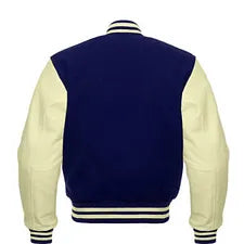 Men Navy Blue Wool & Cream Real Leather Varsity Jacket