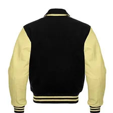 Men Black Wool & Cream Real Leather Varsity Jacket