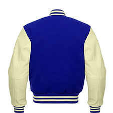 Men Royal Blue Wool & Cream Real Leather Varsity Jacket