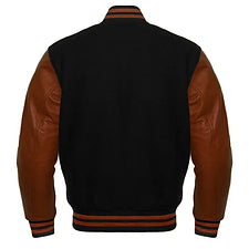 Men Black Wool & Brown Real Leather Varsity Jacket