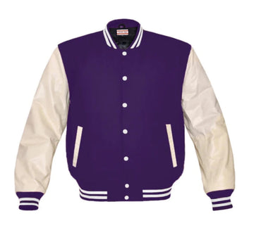 Men Purple Wool & Cream Real Leather Varsity Jacket