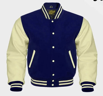 Men Navy Blue Wool & Cream Real Leather Varsity Jacket