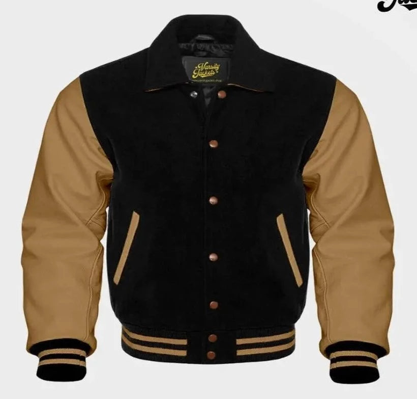 Men’s Black Wool & Camel Real Leather Collar Varsity Jacket