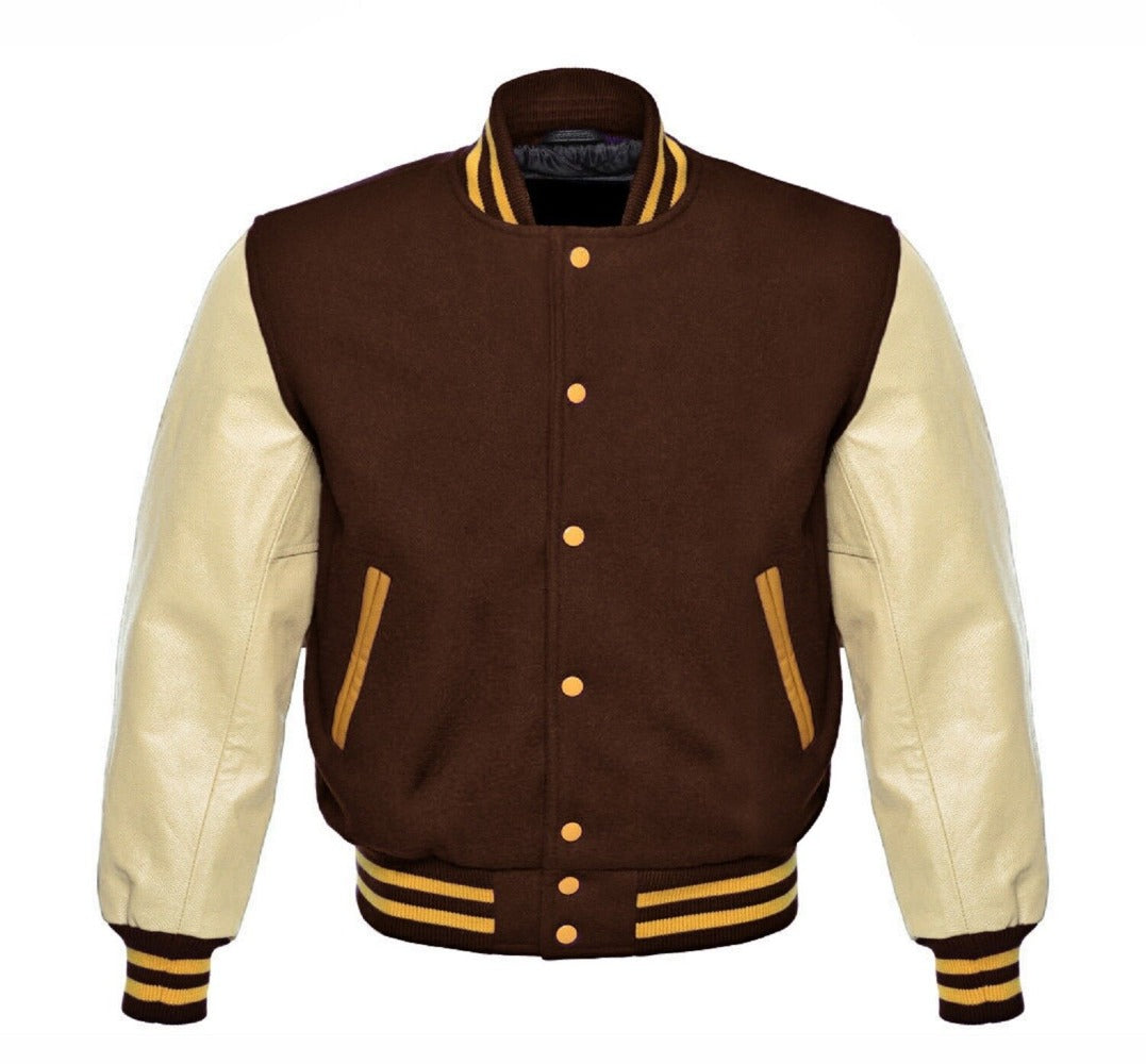 Men Brown Wool & Cream Real Leather Varsity Jacket