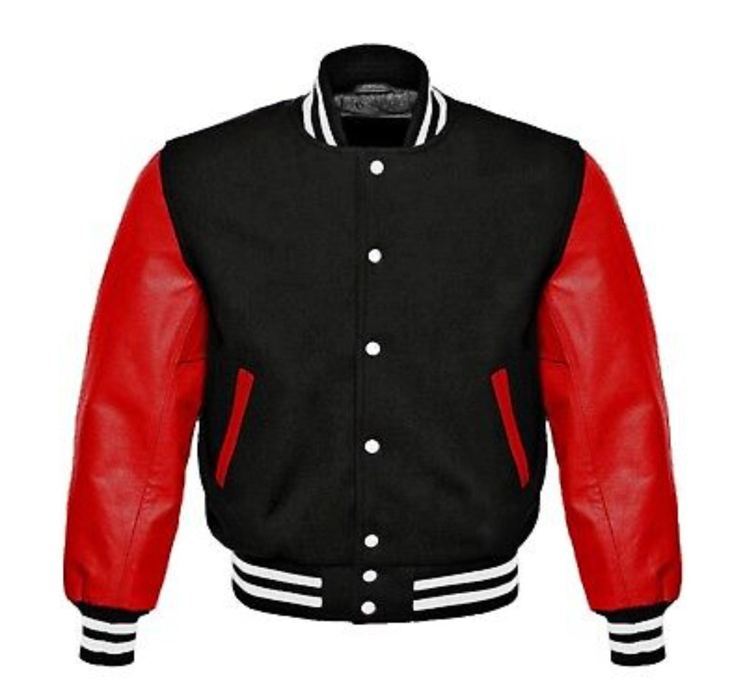 Men’s Black Wool & Red Real Leather Collar Varsity Jacket