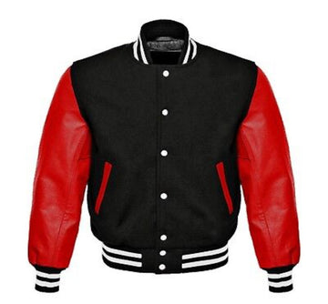 Men’s Black Wool & Red Real Leather Collar Varsity Jacket