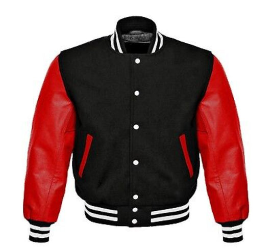 Men’s Black Wool & Red Real Leather Collar Varsity Jacket