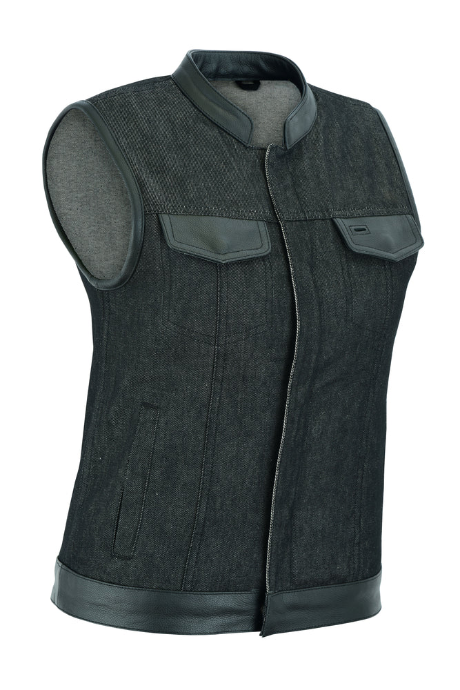 DM963 Women's Rough Rub-Off Raw Finish Denim Vest W/Leather Trim