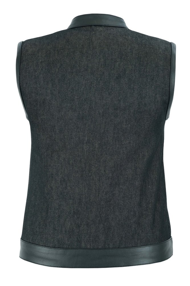 DM963 Women's Rough Rub-Off Raw Finish Denim Vest W/Leather Trim
